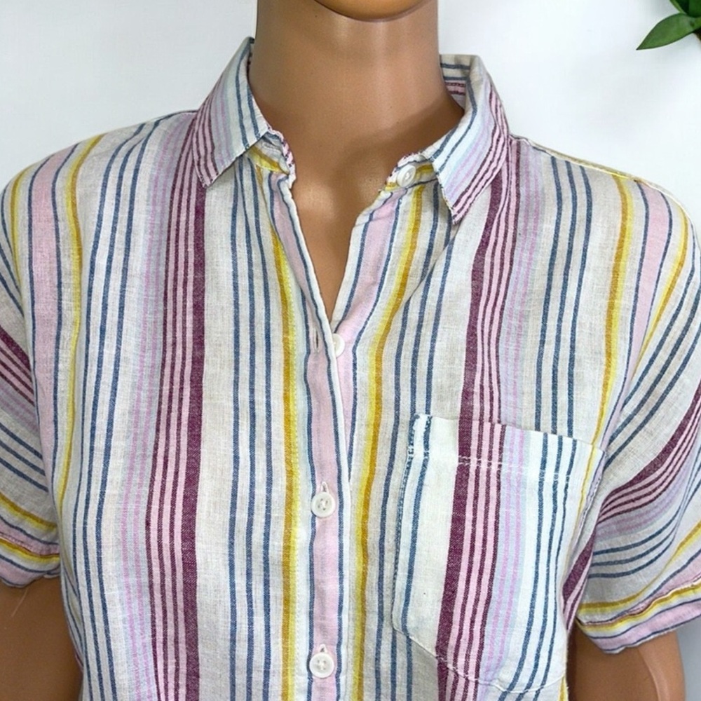 Beach Lunch Lounge Linen Rainbow Brooklyn Womens Stripe Tie-Front Button-DownTop - Picture 12 of 16